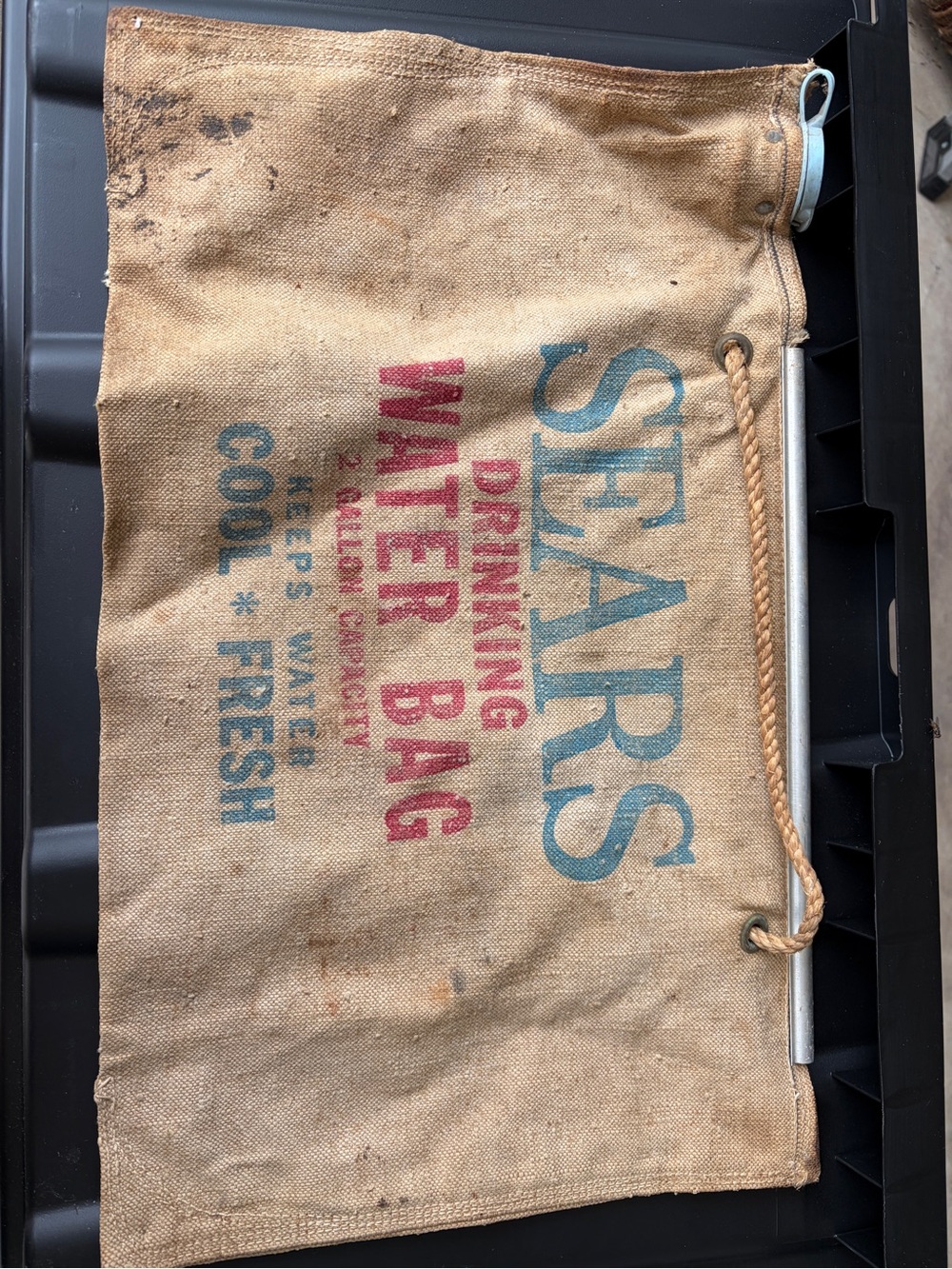 VINTAGE Sears Canvas Drinking Water Bag with Blue and Red Print